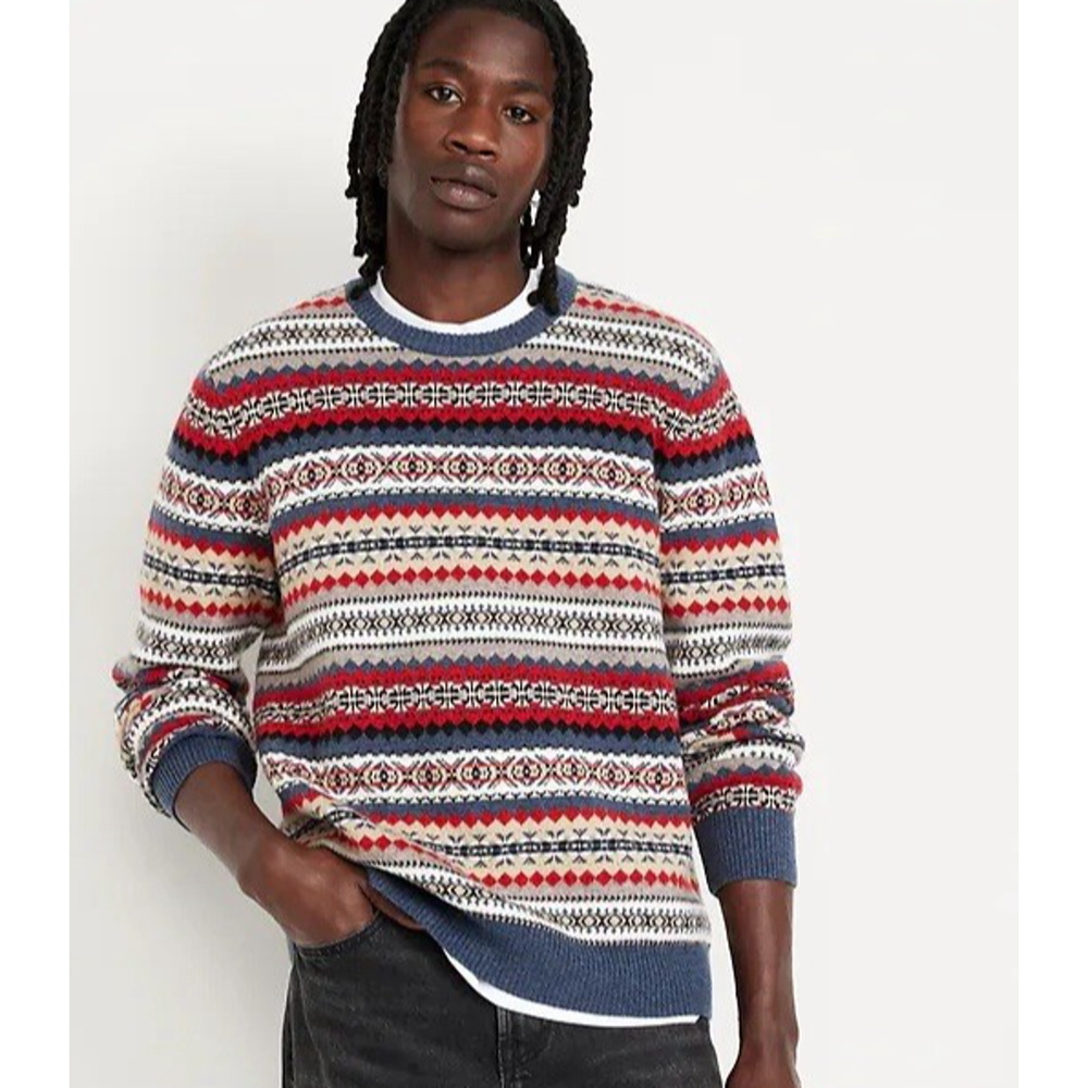 Red Blue Fair Isle Sweater Old Navy SoSoft Mens Size M Crewneck Pullover Nordic
